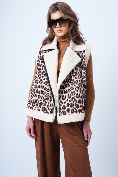 İçi Kürklü  Kruvaze Yaka Leopar Yelek