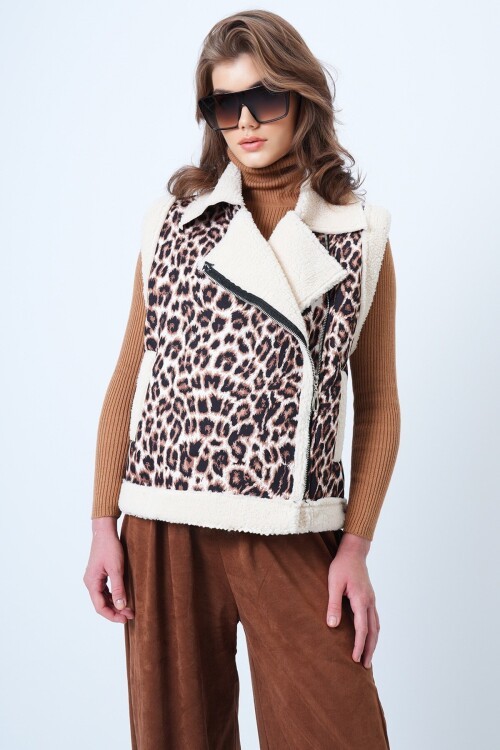 İçi Kürklü  Kruvaze Yaka Leopar Yelek