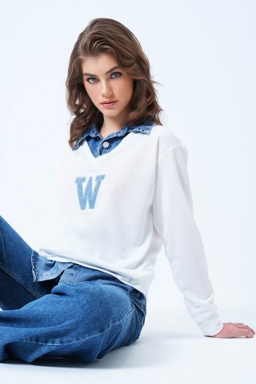 Jean Gömlek Graneli Önü Nakışlı Sweatshirt