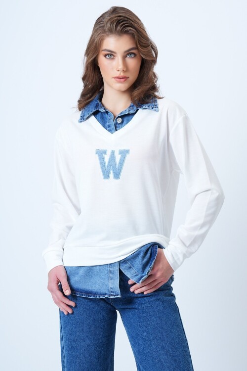 Jean Gömlek Graneli Önü Nakışlı Sweatshirt