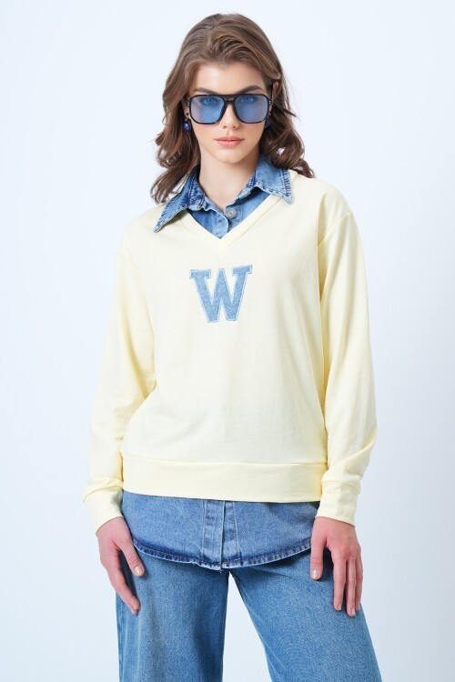 Jean Gömlek Graneli Önü Nakışlı Sweatshirt