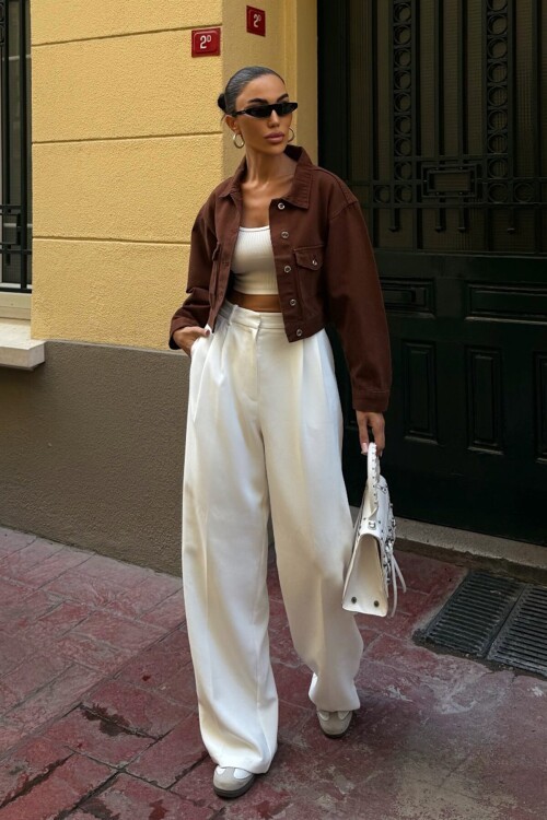 Kahverengi Çif Cepli Düğme Kapamalı Crop Denim Ceket