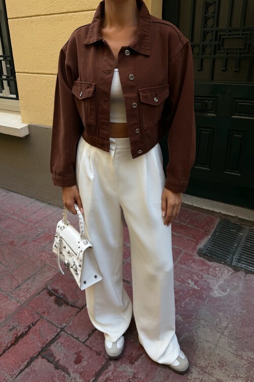 Kahverengi Çif Cepli Düğme Kapamalı Crop Denim Ceket