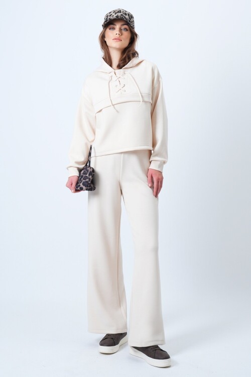 Kapüşonlu Kuş Gözlü Sweat Ve Palazo Pantolon Modal Takım