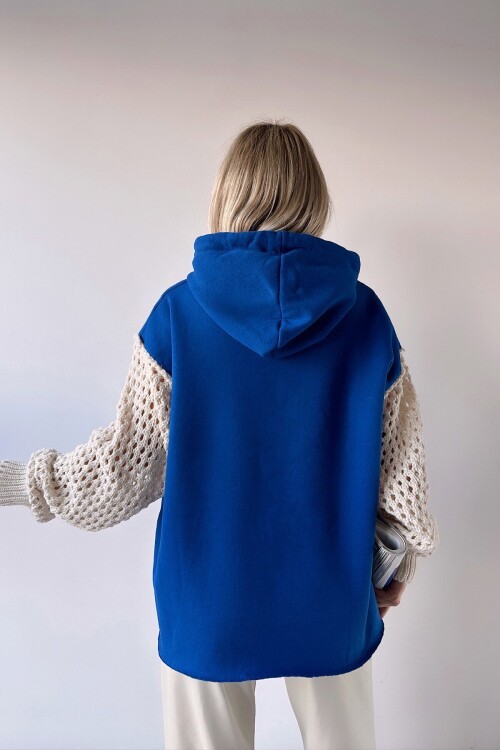 Saks Kapüşonlu File Örgü Kol Bağcıklı 3 İplik Sweatshirt