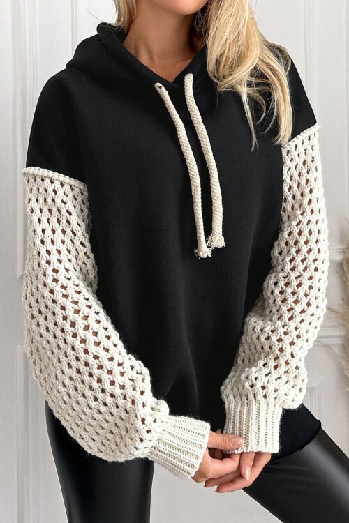 Siyah Kapüşonlu File Örgü Kol Bağcıklı 3 İplik Sweatshirt