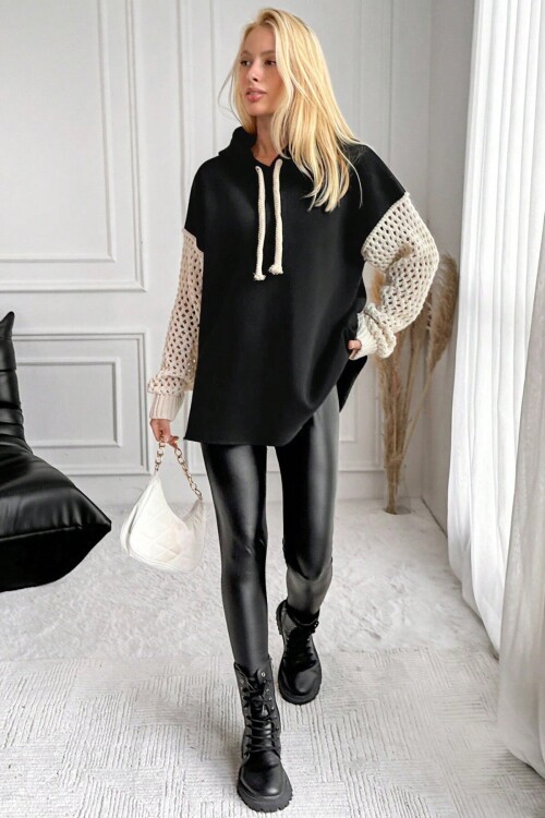 Siyah Kapüşonlu File Örgü Kol Bağcıklı 3 İplik Sweatshirt