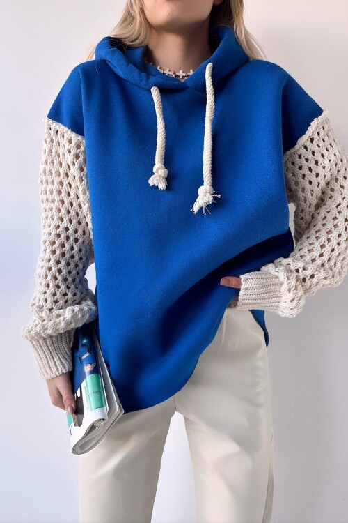 Saks Kapüşonlu File Örgü Kol Bağcıklı 3 İplik Sweatshirt