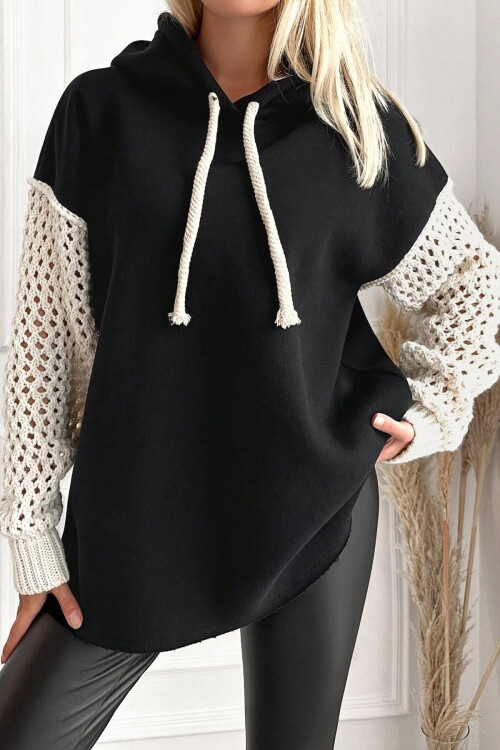 Siyah Kapüşonlu File Örgü Kol Bağcıklı 3 İplik Sweatshirt