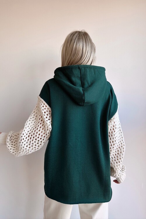 Yeşil Kapüşonlu File Örgü Kol Bağcıklı 3 İplik Sweatshirt