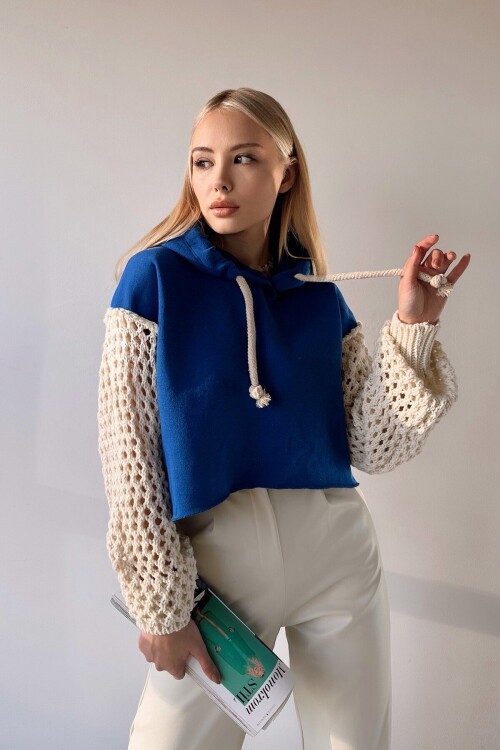 Saks Kapüşonlu File Örgü Kol Bağcıklı Crop Sweatshirt