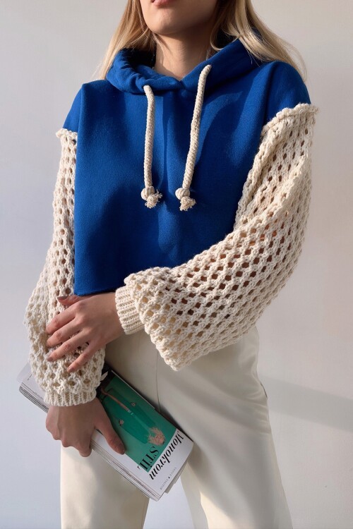 Saks Kapüşonlu File Örgü Kol Bağcıklı Crop Sweatshirt