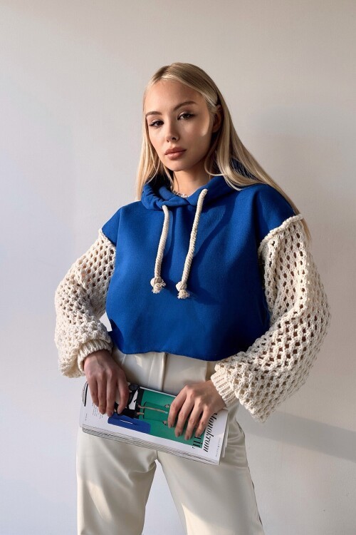 Saks Kapüşonlu File Örgü Kol Bağcıklı Crop Sweatshirt