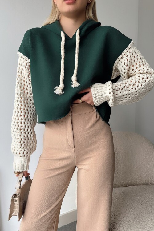 Koyu Yeşil Kapüşonlu File Örgü Kol Bağcıklı Crop Sweatshirt