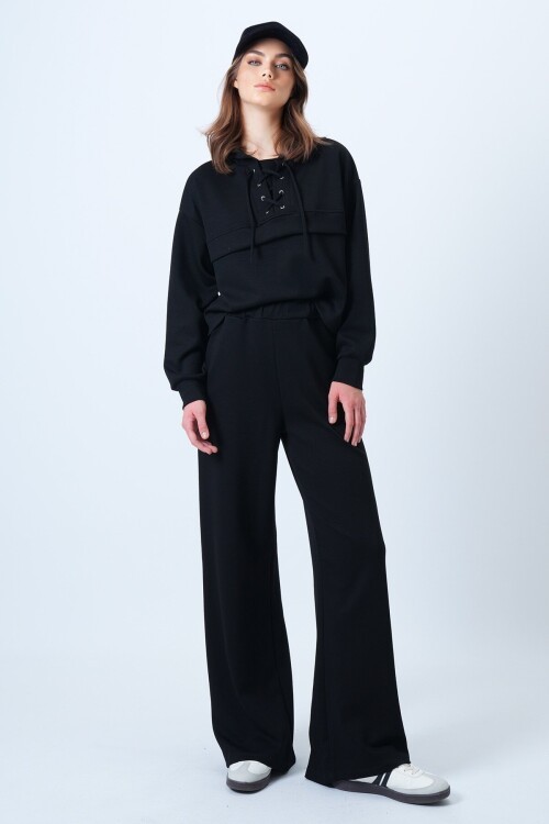 Kapüşonlu Kuş Gözlü Sweat Ve Palazo Pantolon Modal Takım