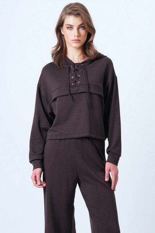 Kapüşonlu Kuş Gözlü Sweat Ve Palazo Pantolon Modal Takım