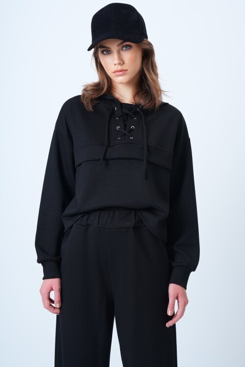 Kapüşonlu Kuş Gözlü Sweat Ve Palazo Pantolon Modal Takım