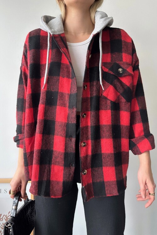 Kırmızı Kapüşonlu Oversize Cepli Düğmeli Ekose Gömlek Ceket