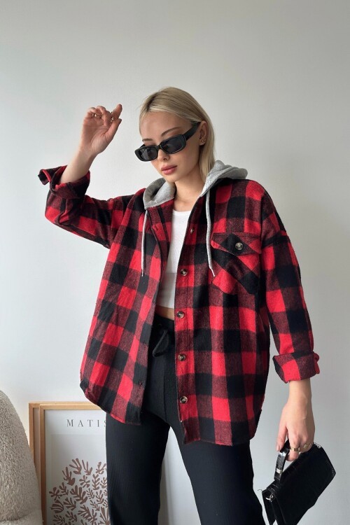 Kırmızı Kapüşonlu Oversize Cepli Düğmeli Ekose Gömlek Ceket