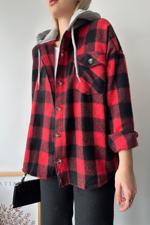 Kırmızı Kapüşonlu Oversize Cepli Düğmeli Ekose Gömlek Ceket