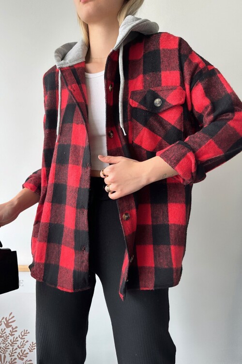Kırmızı Kapüşonlu Oversize Cepli Düğmeli Ekose Gömlek Ceket