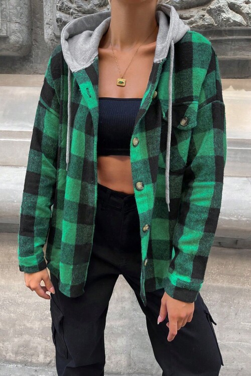 Yeşil Kapüşonlu Oversize Cepli Düğmeli Ekose Gömlek Ceket