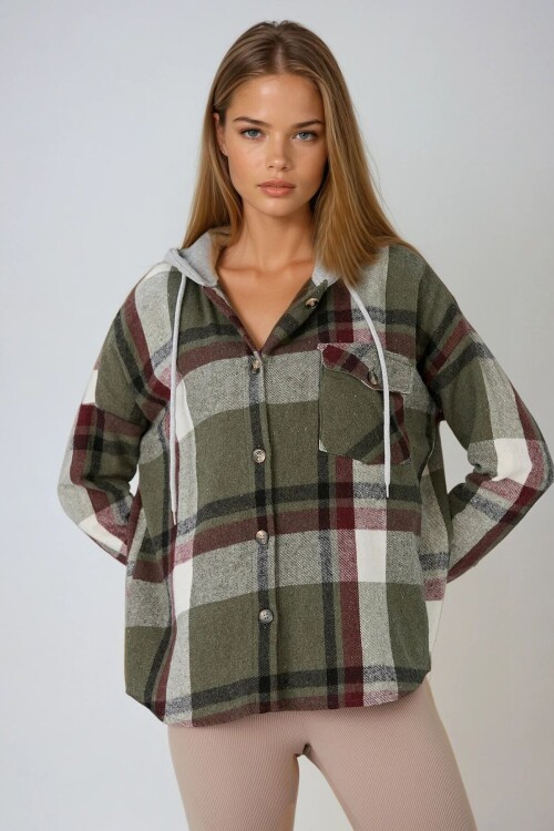 Haki Kapüşonlu Oversize Cepli Düğmeli Ekose Gömlek Ceket