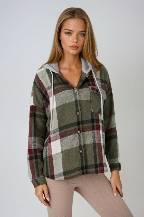 Haki Kapüşonlu Oversize Cepli Düğmeli Ekose Gömlek Ceket