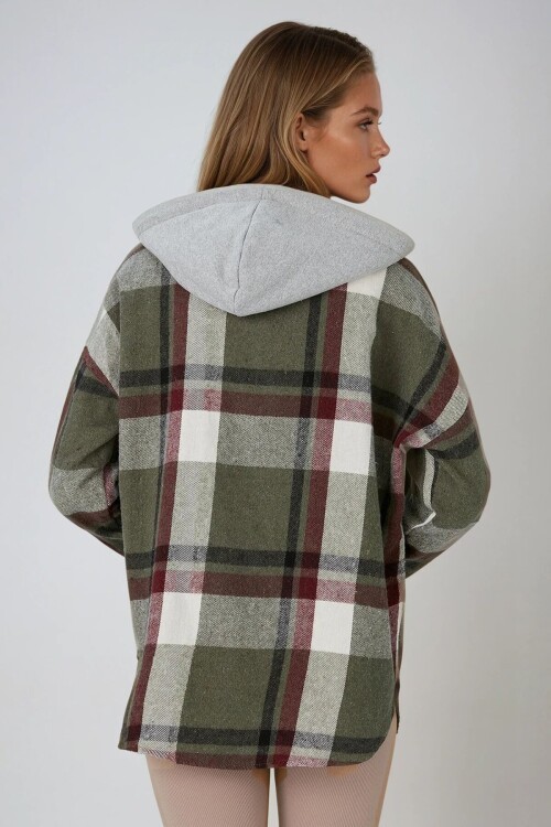Haki Kapüşonlu Oversize Cepli Düğmeli Ekose Gömlek Ceket