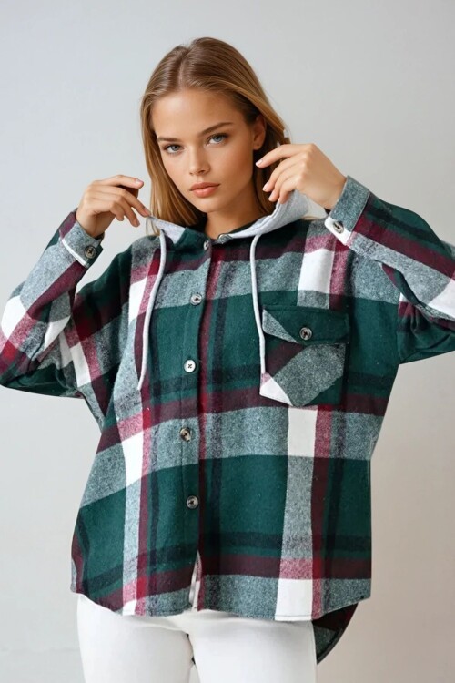 Zümrüt Yeşili Kapüşonlu Oversize Cepli Düğmeli Ekose Gömlek Ceket