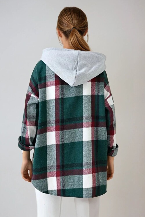 Zümrüt Yeşili Kapüşonlu Oversize Cepli Düğmeli Ekose Gömlek Ceket