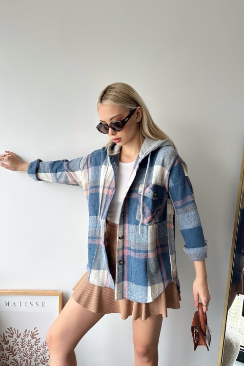 Mavi Kapüşonlu Oversize Cepli Düğmeli Ekose Gömlek Ceket