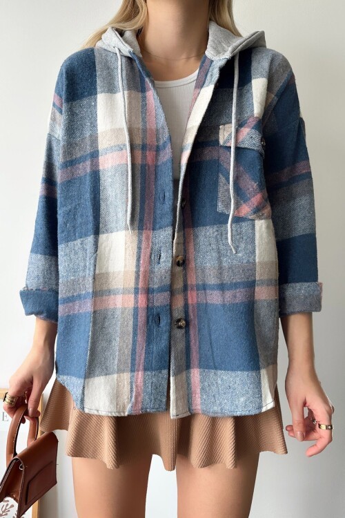 Mavi Kapüşonlu Oversize Cepli Düğmeli Ekose Gömlek Ceket