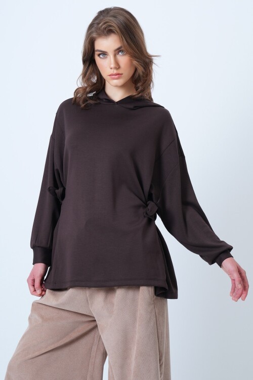 Kapüsonlu Yandan Bağlamalı Modal Oversize Sweatshirt