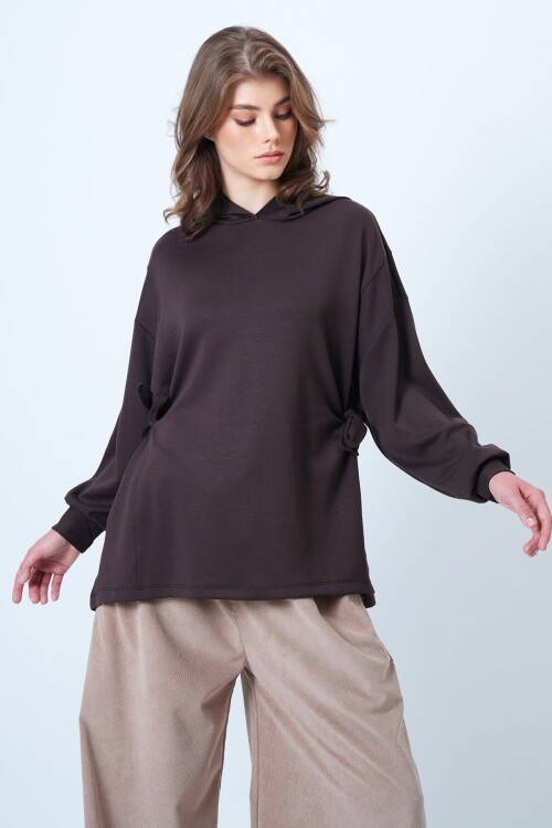 Kapüsonlu Yandan Bağlamalı Modal Oversize Sweatshirt