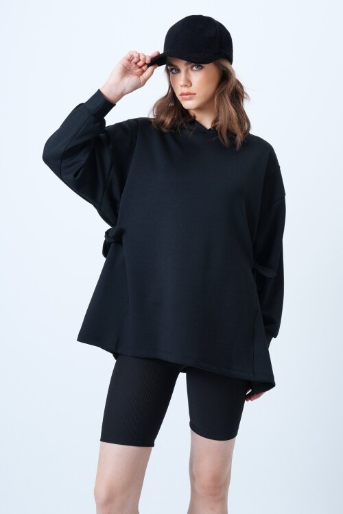 Kapüsonlu Yandan Bağlamalı Modal Oversize Sweatshirt