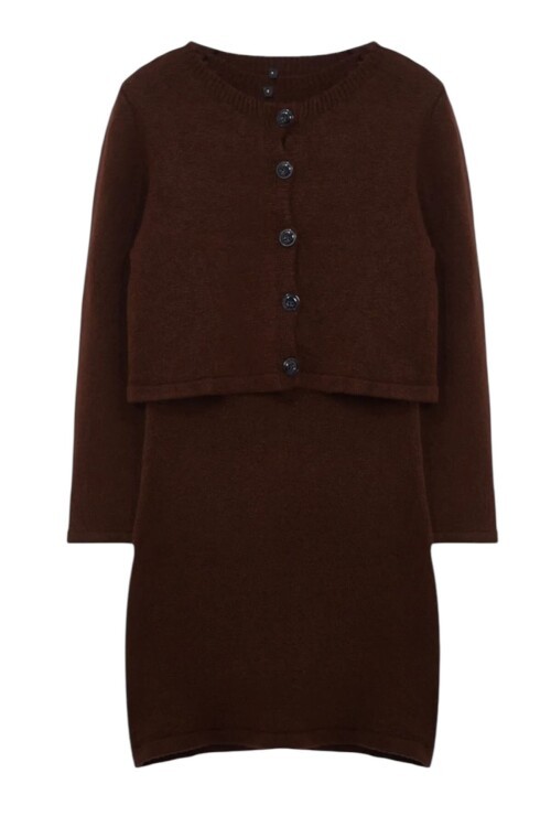 Acı Kahve Kare Yaka Kısa Kollu Vücudu Saran Mini Elbise Ve Düğmeli Crop Hırka Takım