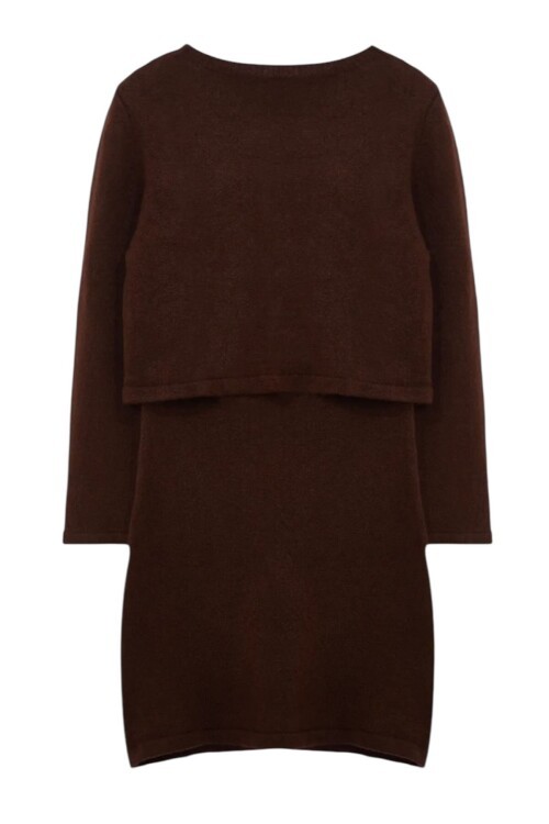 Acı Kahve Kare Yaka Kısa Kollu Vücudu Saran Mini Elbise Ve Düğmeli Crop Hırka Takım