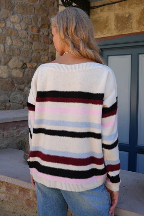 Kayık Yaka Çizgili Renk Bloklu Triko Kazak