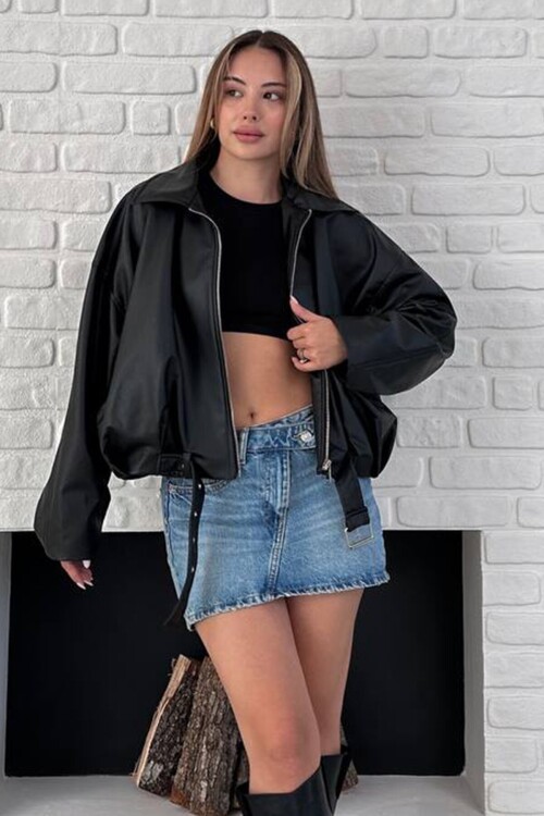 Kemer Detaylı Fermuar Kapamalı Bomber Ceket