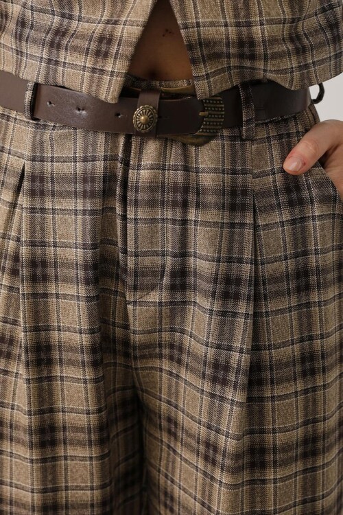 Kemerli Ekose Desenli Havuç Pantolon