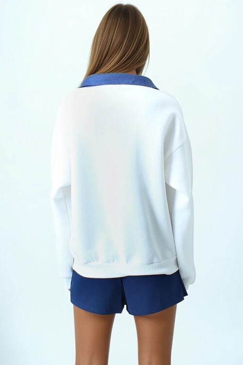 Kontrast Denim Yaka Uzun Kollu Sweatshirt