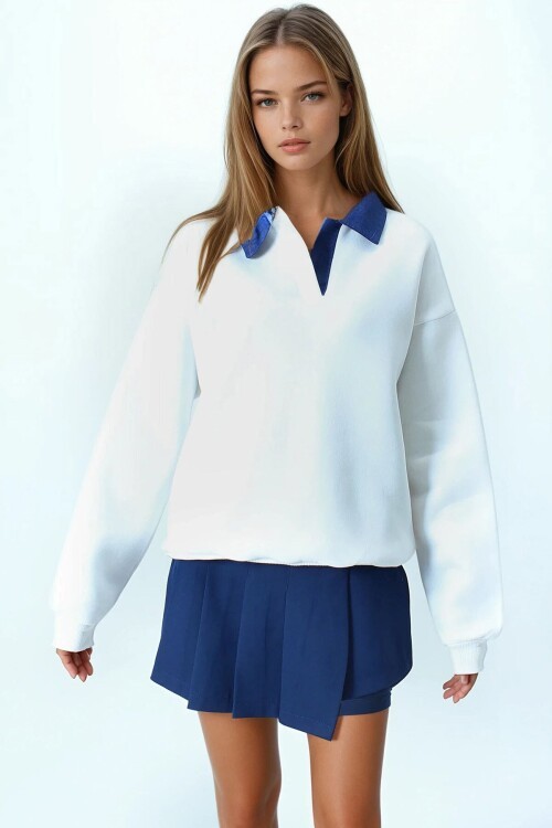 Kontrast Denim Yaka Uzun Kollu Sweatshirt