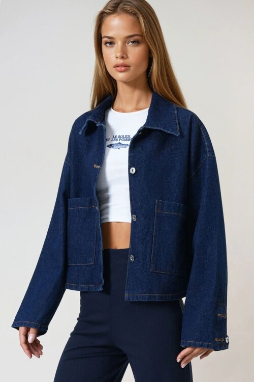 Koyu Mavi Çift Cepli Düğme Kapamalı Denim Ceket