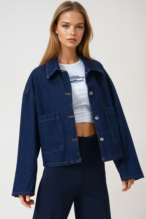 Koyu Mavi Çift Cepli Düğme Kapamalı Denim Ceket