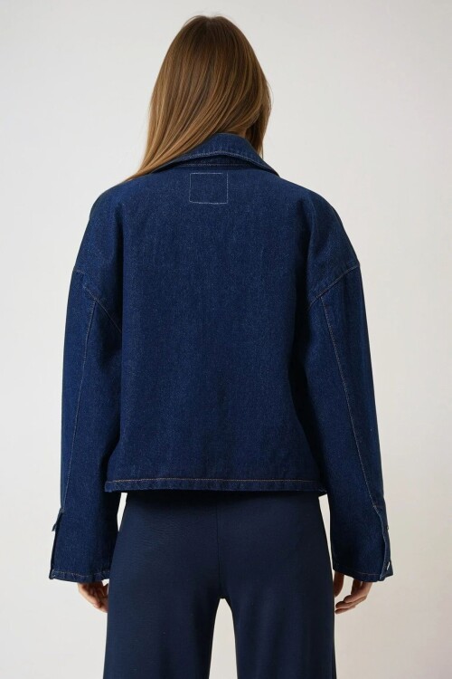Koyu Mavi Çift Cepli Düğme Kapamalı Denim Ceket