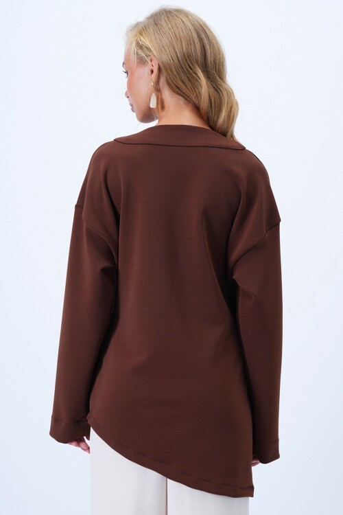 Kruvaze Yaka Asimetrik Kesim Düğme Detaylı Kimono Ceket