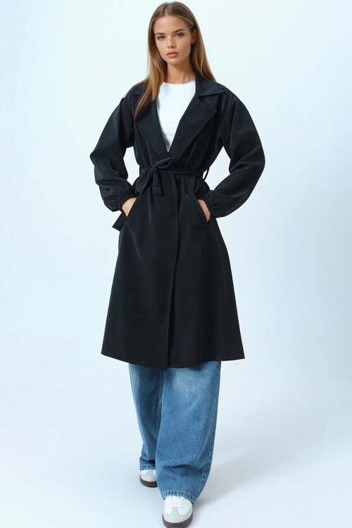 Kruvaze Yaka Bağlamalı Kolları Lastikli Trençkot