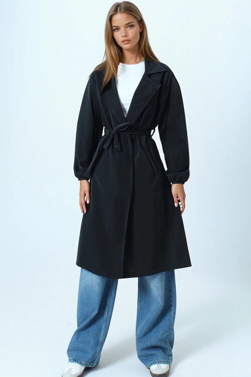 Kruvaze Yaka Bağlamalı Kolları Lastikli Trençkot