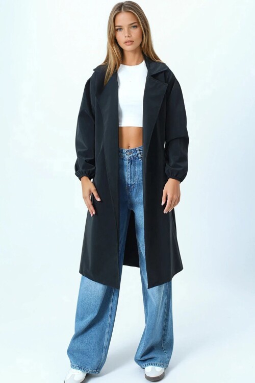 Kruvaze Yaka Bağlamalı Kolları Lastikli Trençkot